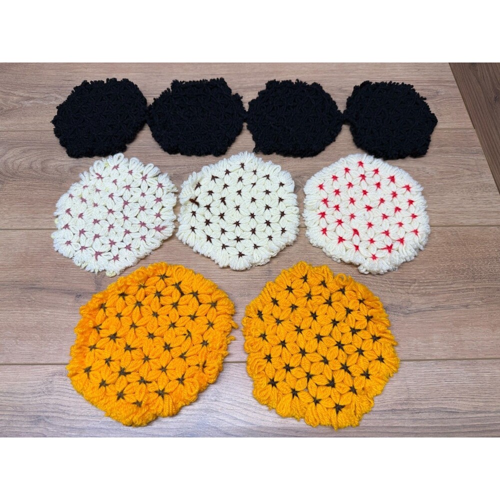 Vintage Hand Crocheted Pot Holders Trivets Blue White & Orange - Lot of 9 Pcs
